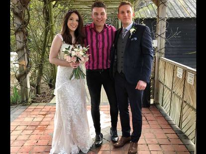 Tom Ryder with Hannah and Ross at their spring wedding at South Farm near Royston