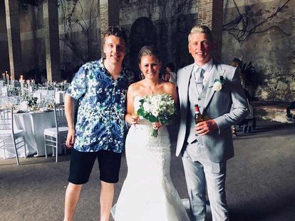 Tom Ryder with Sam and Charly at their wedding at Villa Grabau in Tuscany