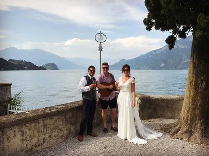 Tom Ryder with Jess and Nik at their wedding on Lake Como